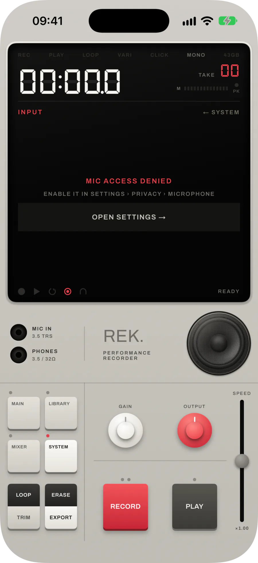 The INPUT screen reading MIC ACCESS DENIED with an OPEN SETTINGS button