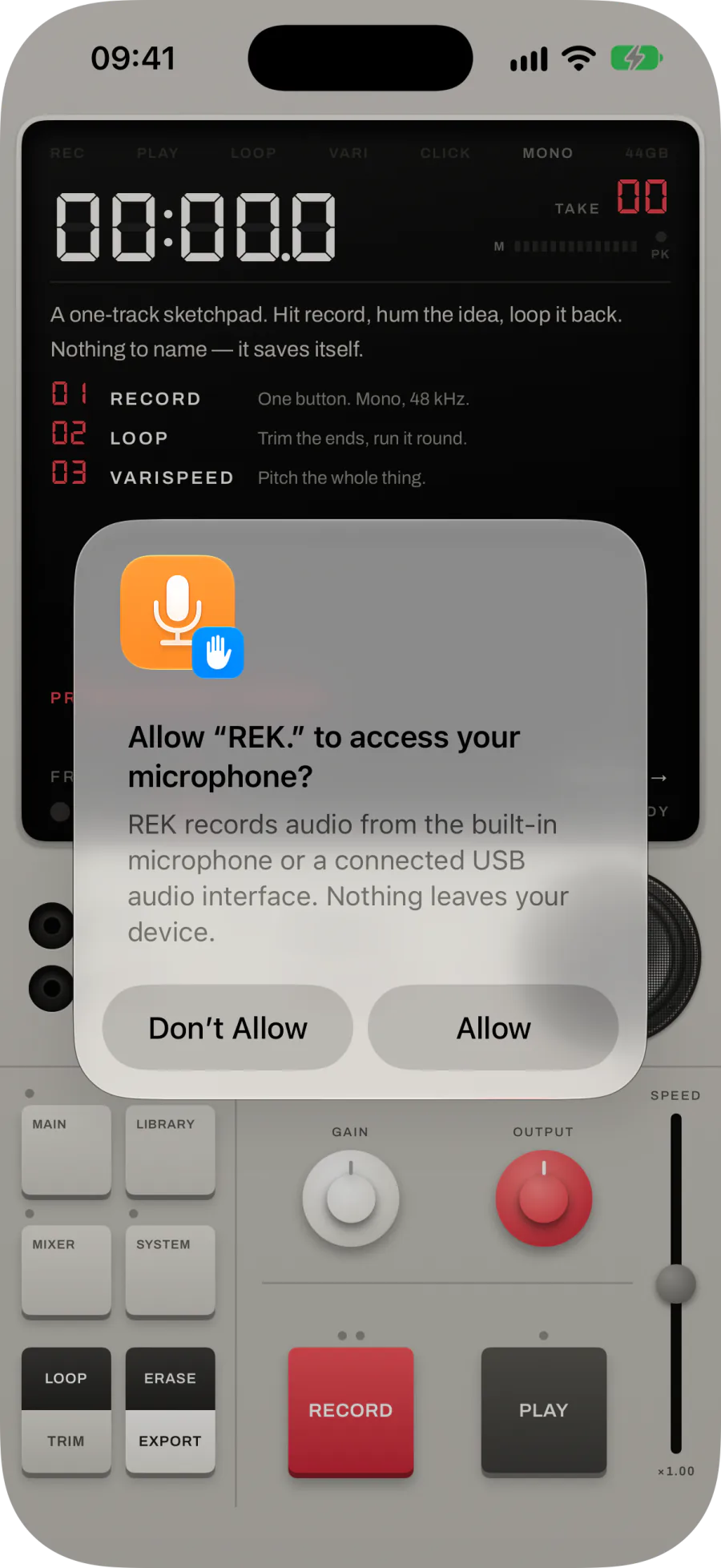 The iOS prompt asking whether REK. may use the microphone