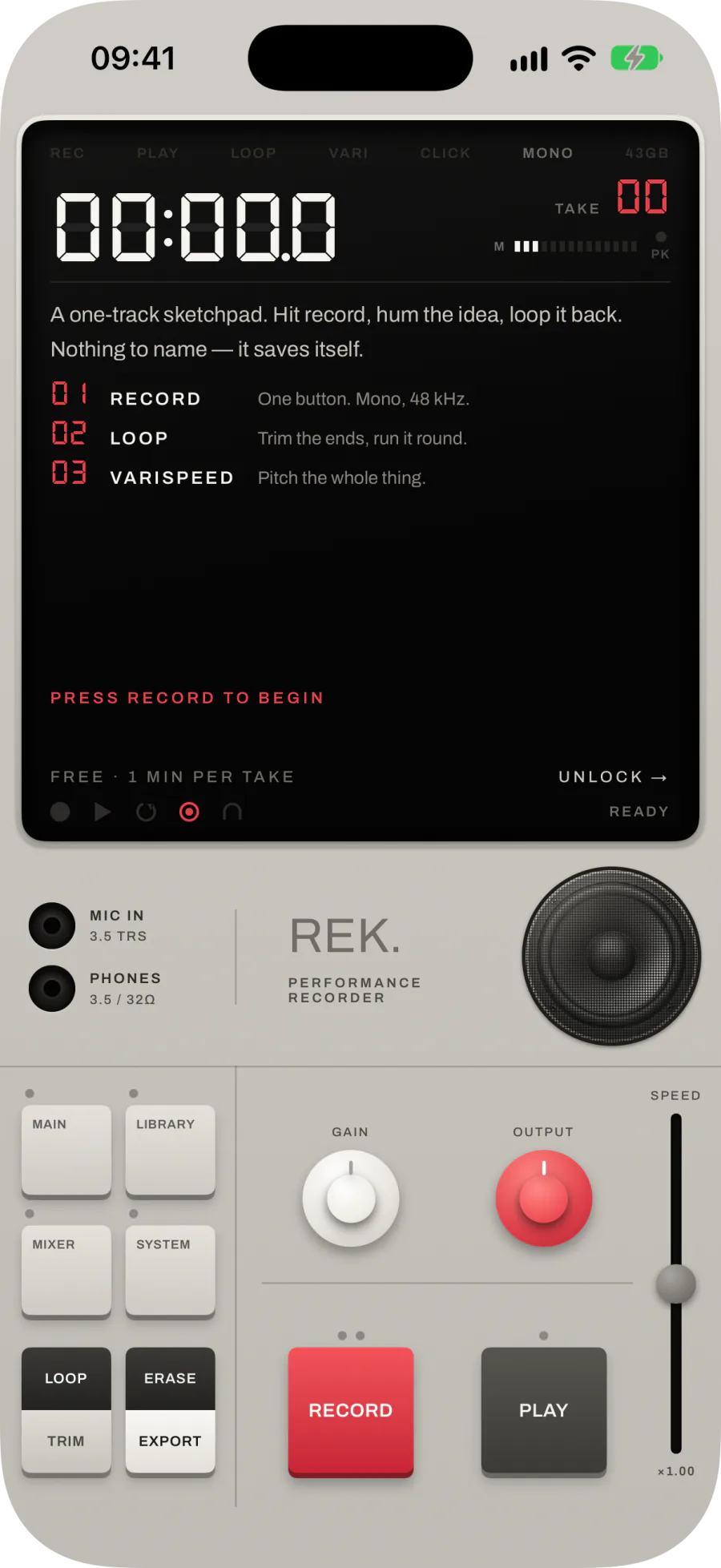 The welcome screen: RECORD, LOOP and VARISPEED in three lines, PRESS RECORD TO BEGIN, and a FREE · 1 MIN PER TAKE line with UNLOCK