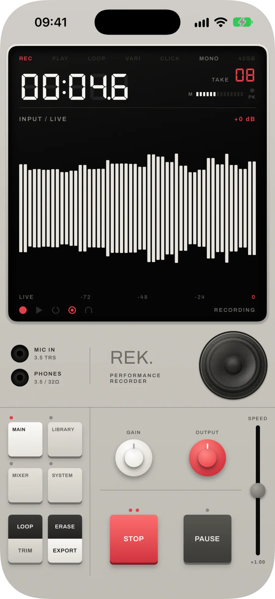 MAIN during a take: REC lit, INPUT / LIVE in the header, a scrolling trace and RECORDING in the footer