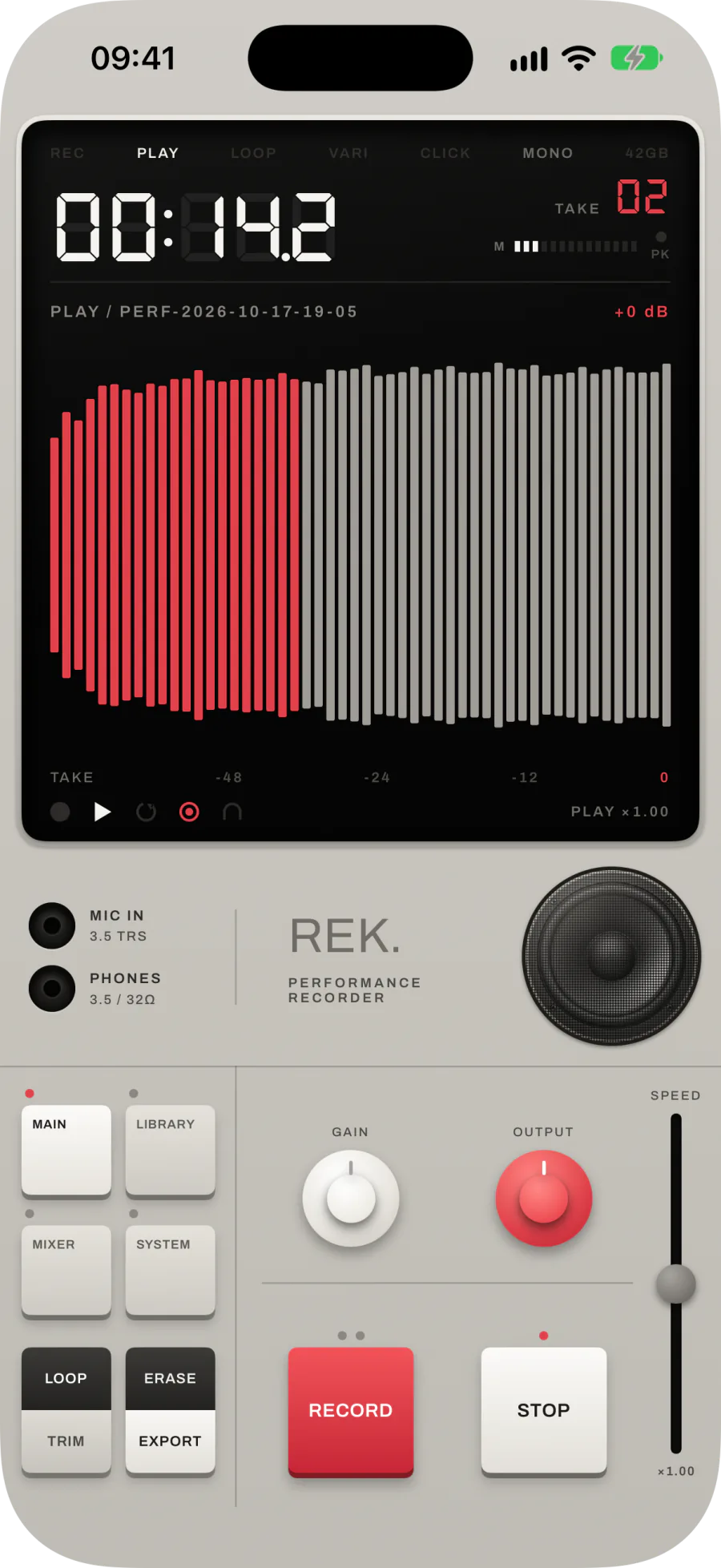MAIN playing a take: the waveform fills with red from the left as it plays