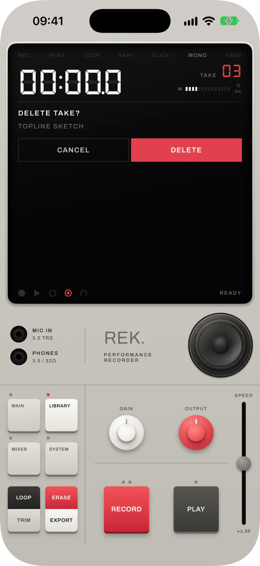DELETE TAKE? with the take name, CANCEL and DELETE