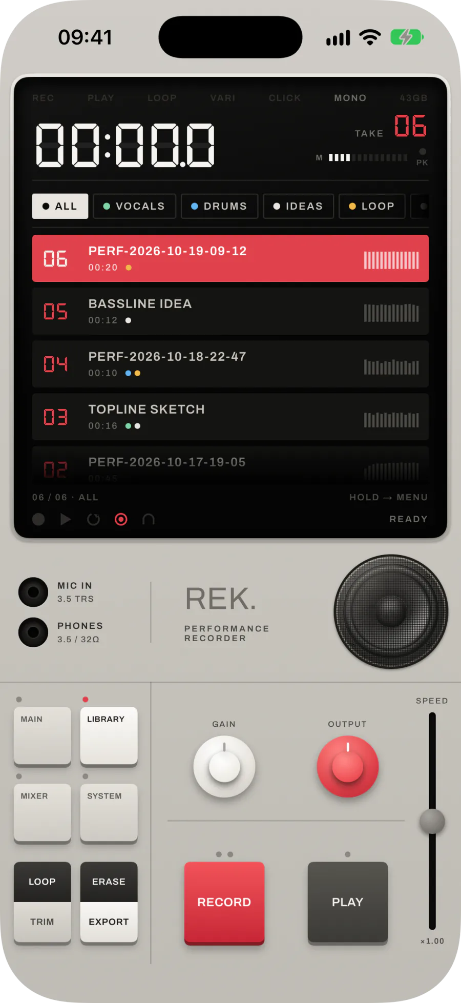 LIBRARY listing six takes, newest first, the top one selected, with a tag filter strip above