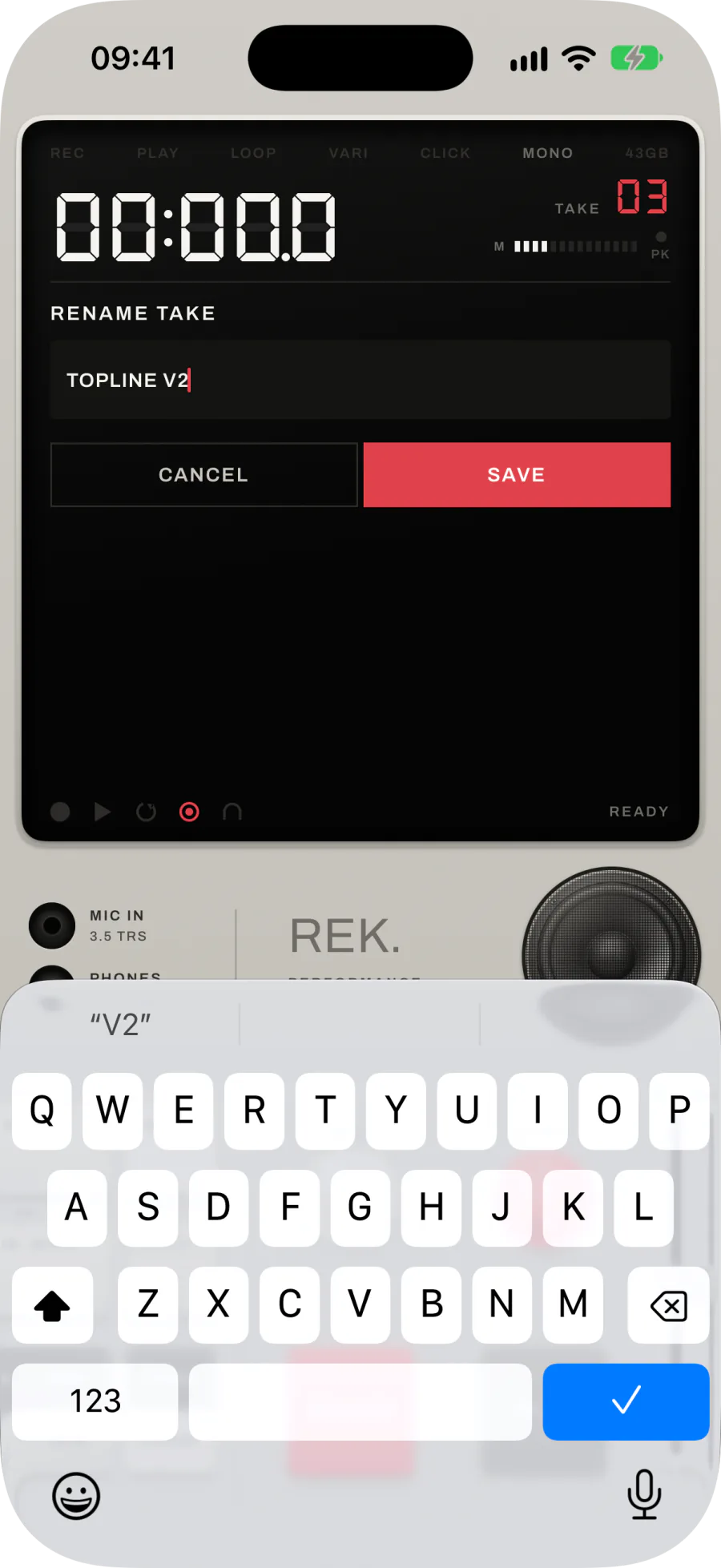 RENAME TAKE with a new name typed and the keyboard up