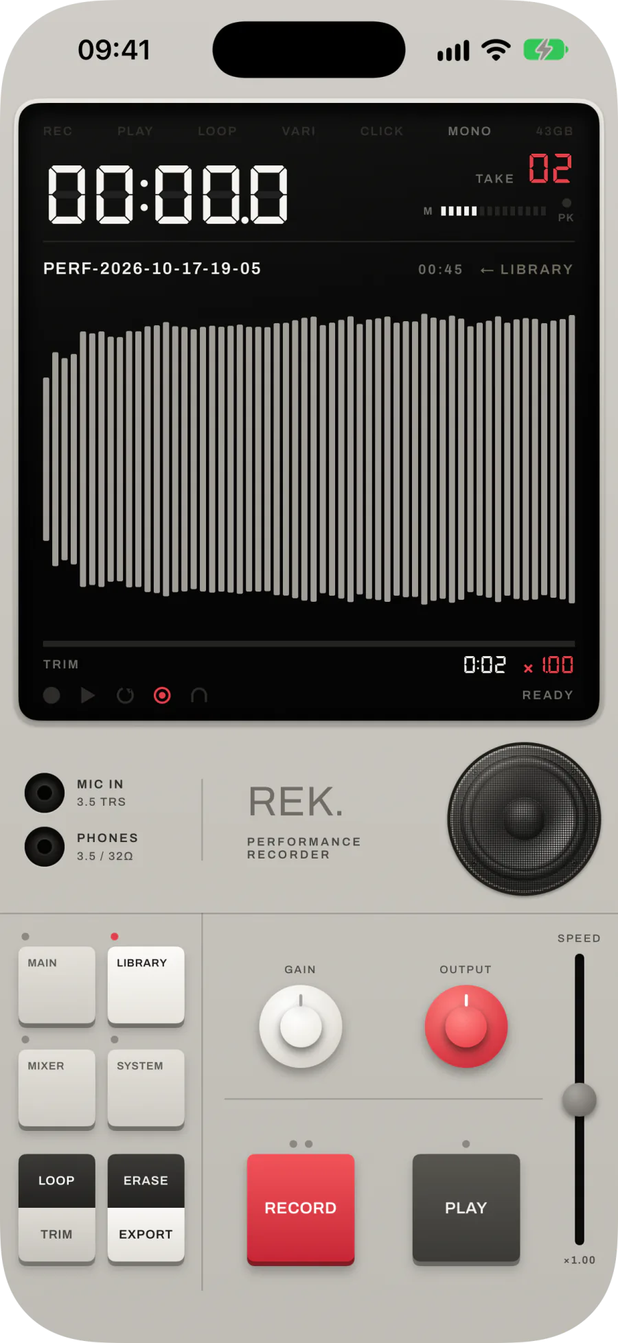 A take open full width: its name and length, the waveform, and the trim in-point and speed beneath