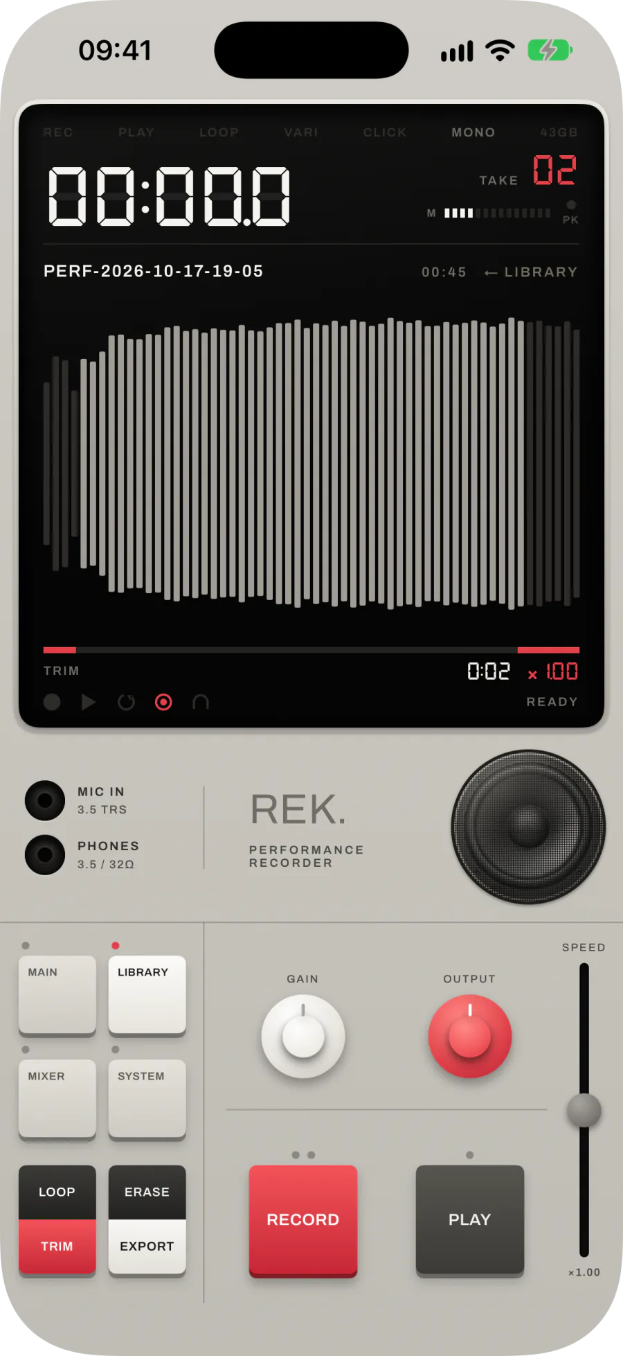 The same take with TRIM armed: the whole waveform drawn, the trimmed-off ends dimmed and TRIM lit on the deck