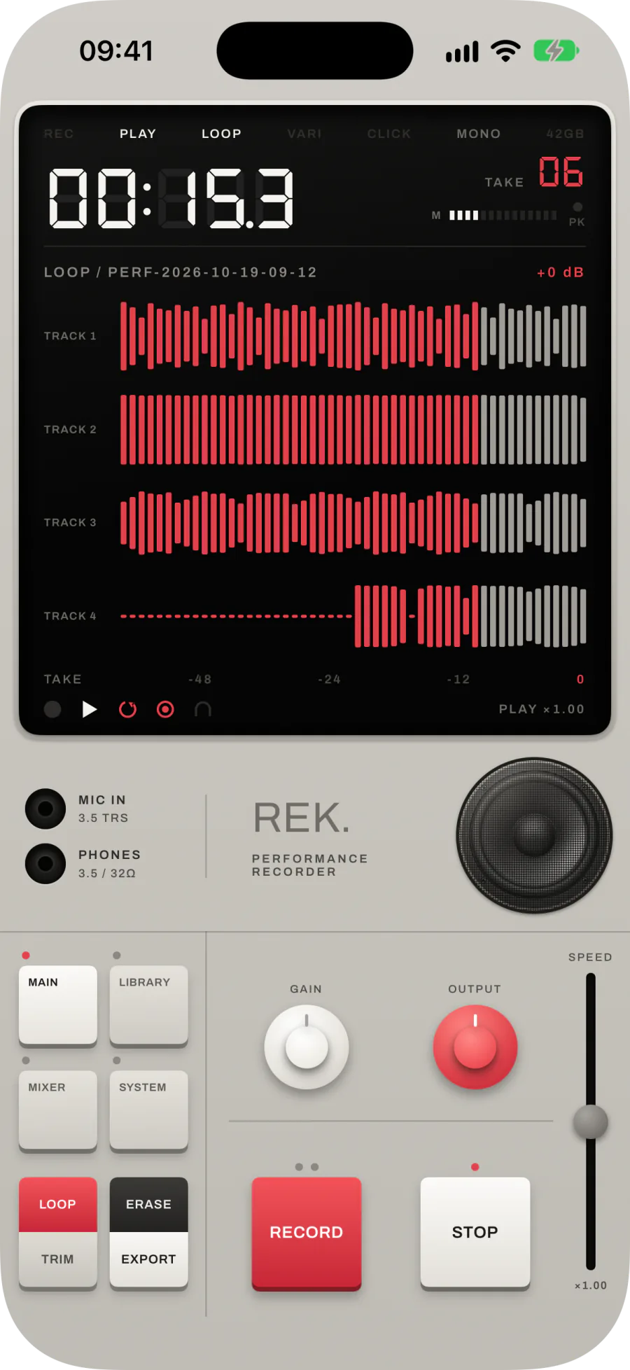 MAIN playing a four-track take, one waveform lane per track, filling with red