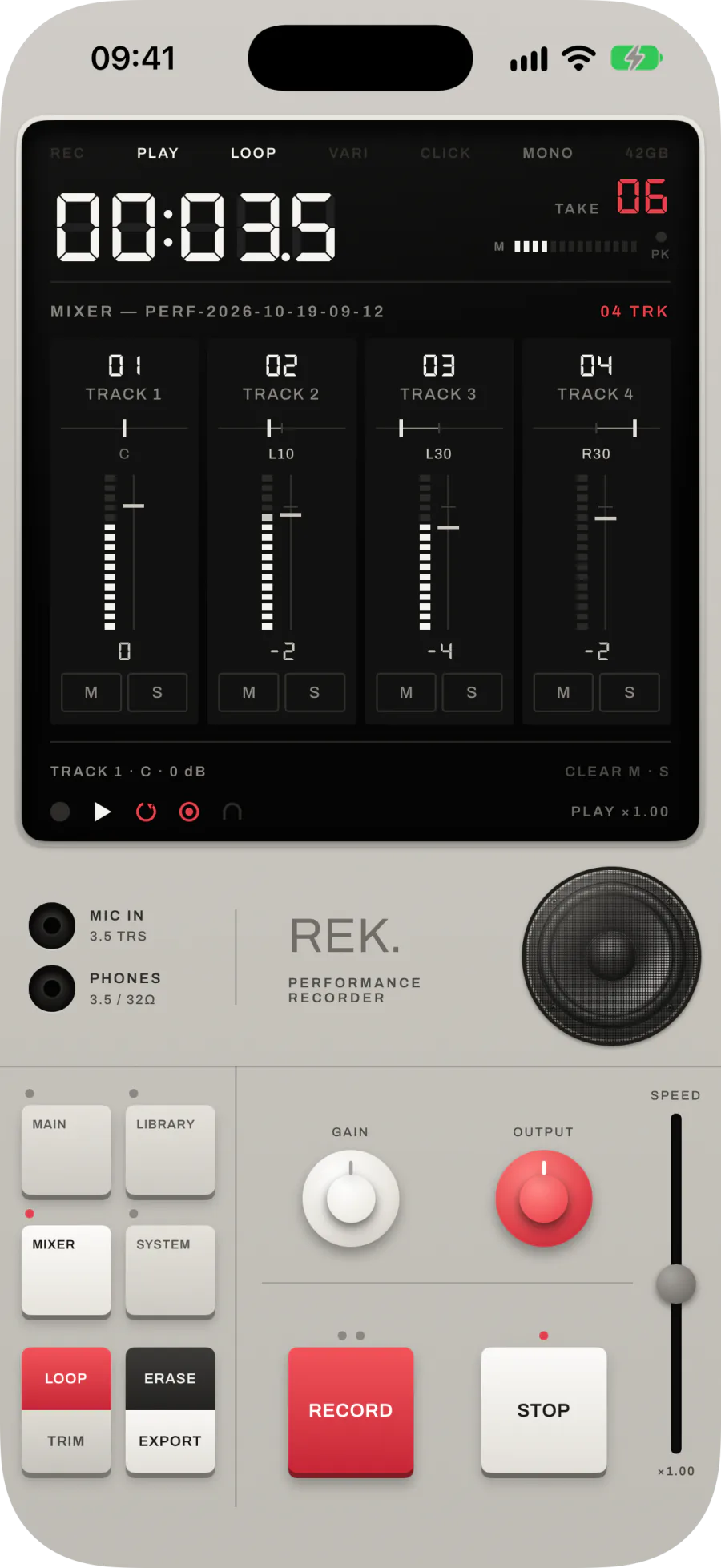 MIXER with four strips: pan bars, meters beside faders, levels in dB, and M and S keys