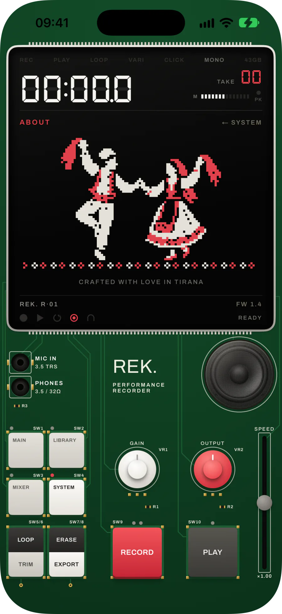 ABOUT open in LIGHT: a pixel-art dance on the LCD and the whole device shown as a green circuit board