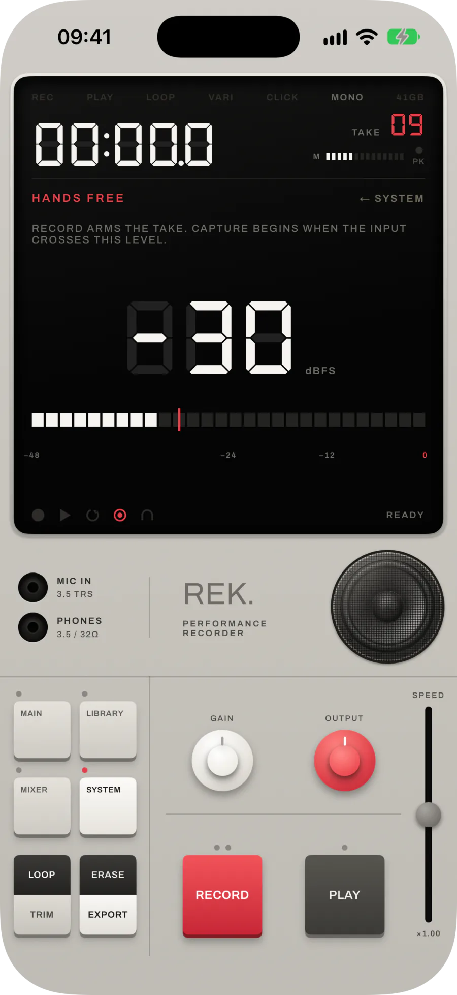 The HANDS FREE threshold screen: a large −30 dBFS readout over a live level bar with a draggable marker