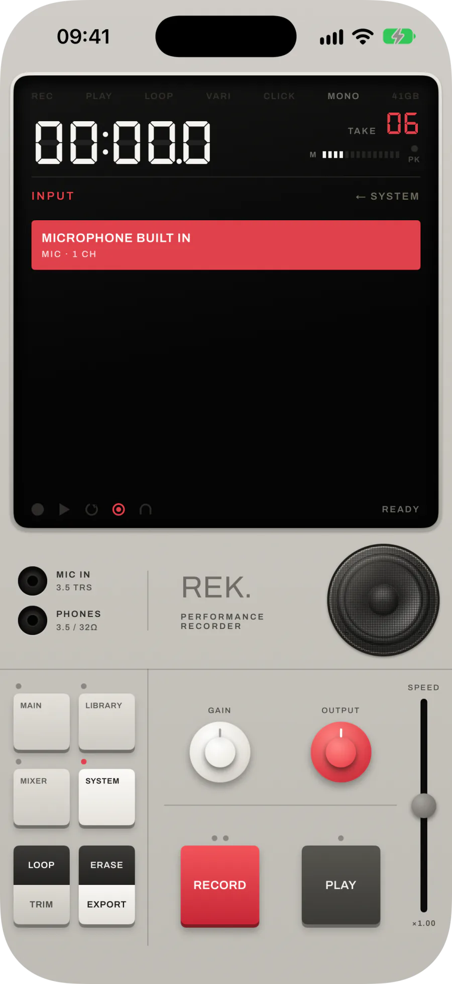 The INPUT screen with the built-in microphone selected