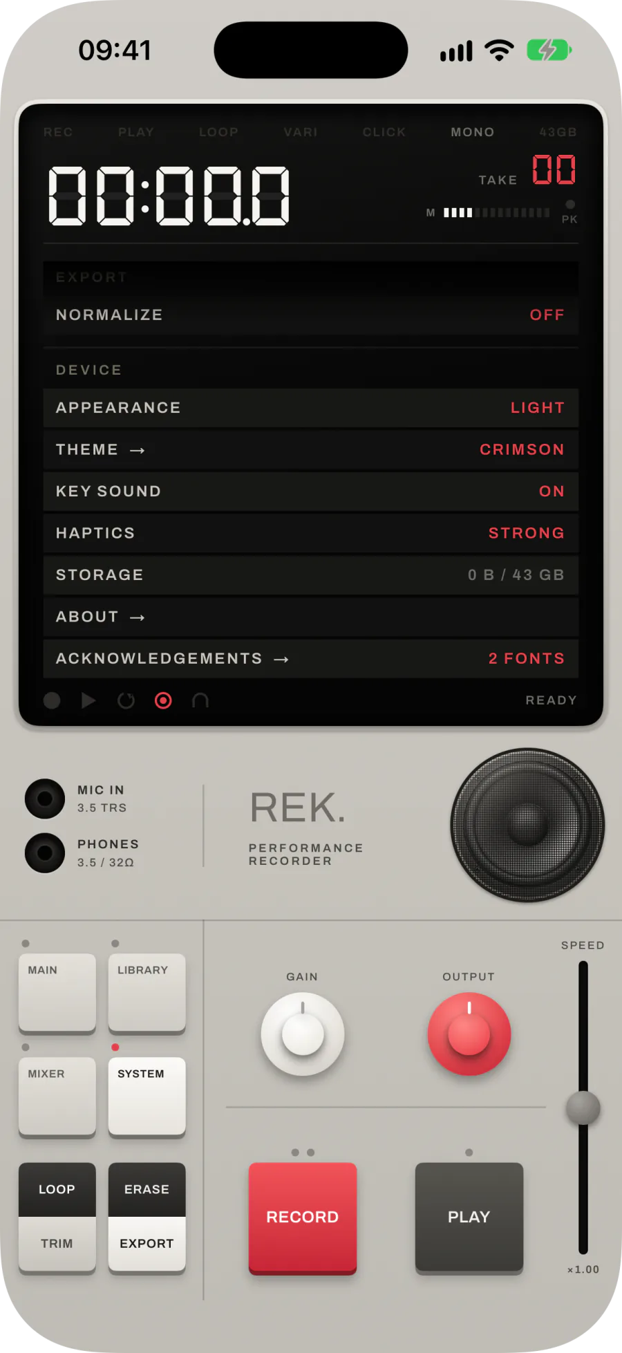SYSTEM, EXPORT and DEVICE groups: NORMALIZE, APPEARANCE, THEME, KEY SOUND, HAPTICS, STORAGE, ABOUT and ACKNOWLEDGEMENTS