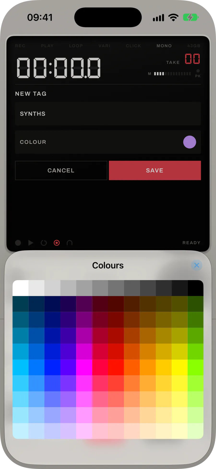 The iOS Colours sheet open over the deck