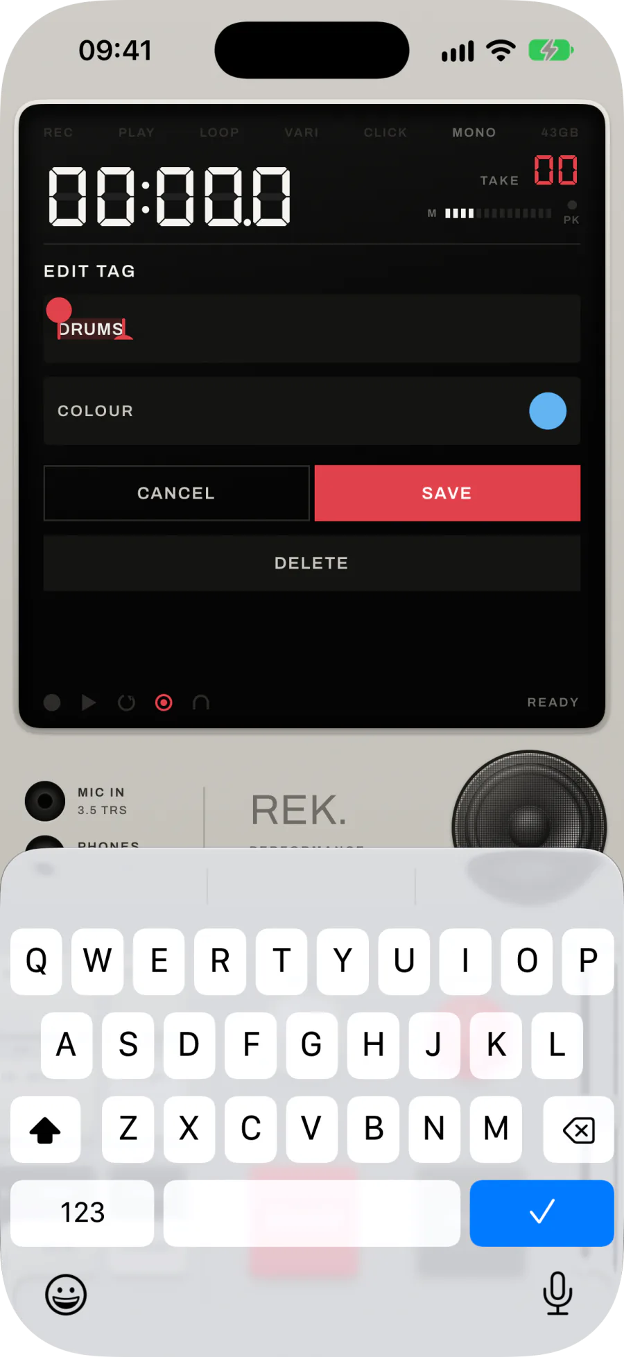 EDIT TAG for DRUMS, with SAVE, CANCEL and DELETE