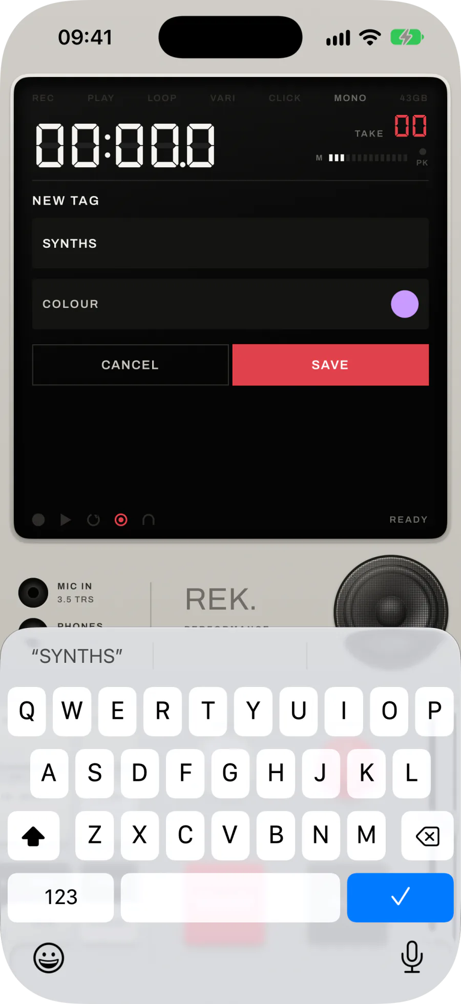NEW TAG with a name typed, a COLOUR circle, CANCEL and SAVE