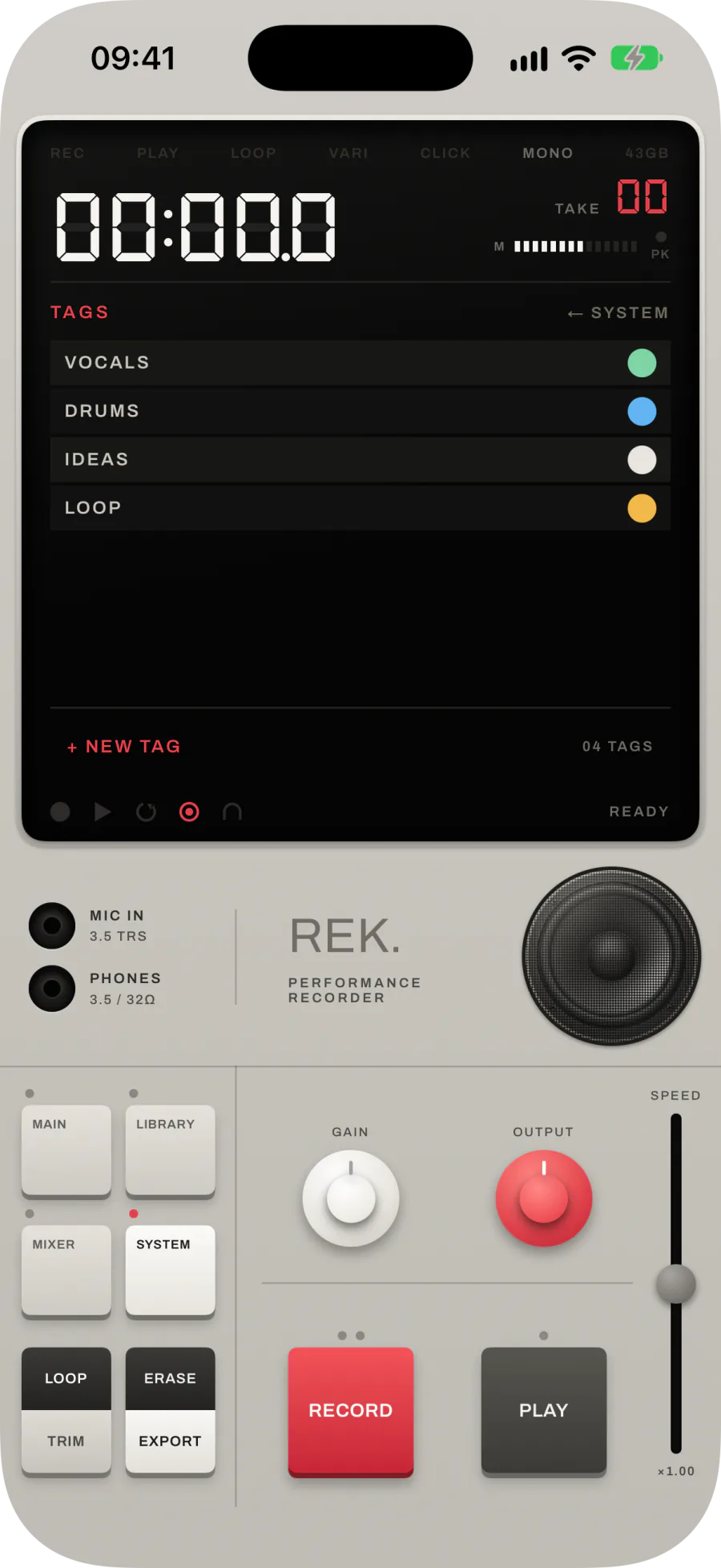 TAGS: VOCALS, DRUMS, IDEAS and LOOP, each with a colour, and + NEW TAG