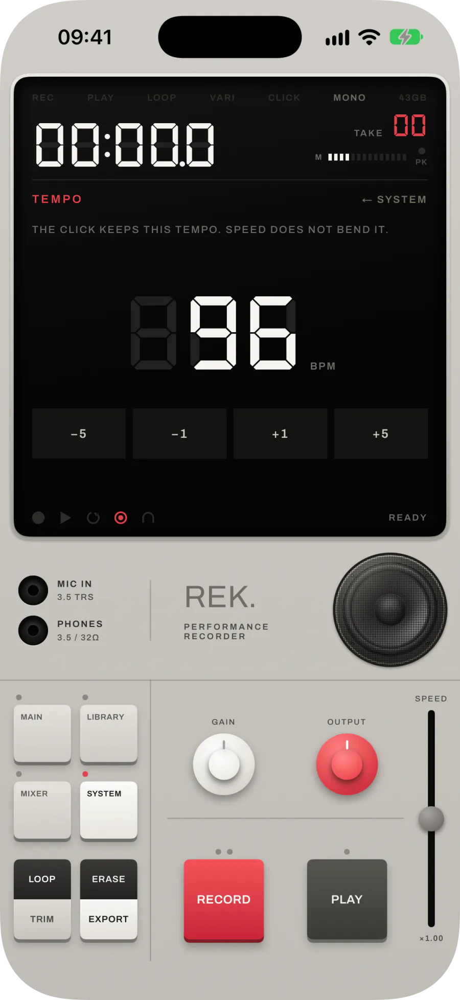 TEMPO: a large 96 BPM readout with −5, −1, +1 and +5 buttons
