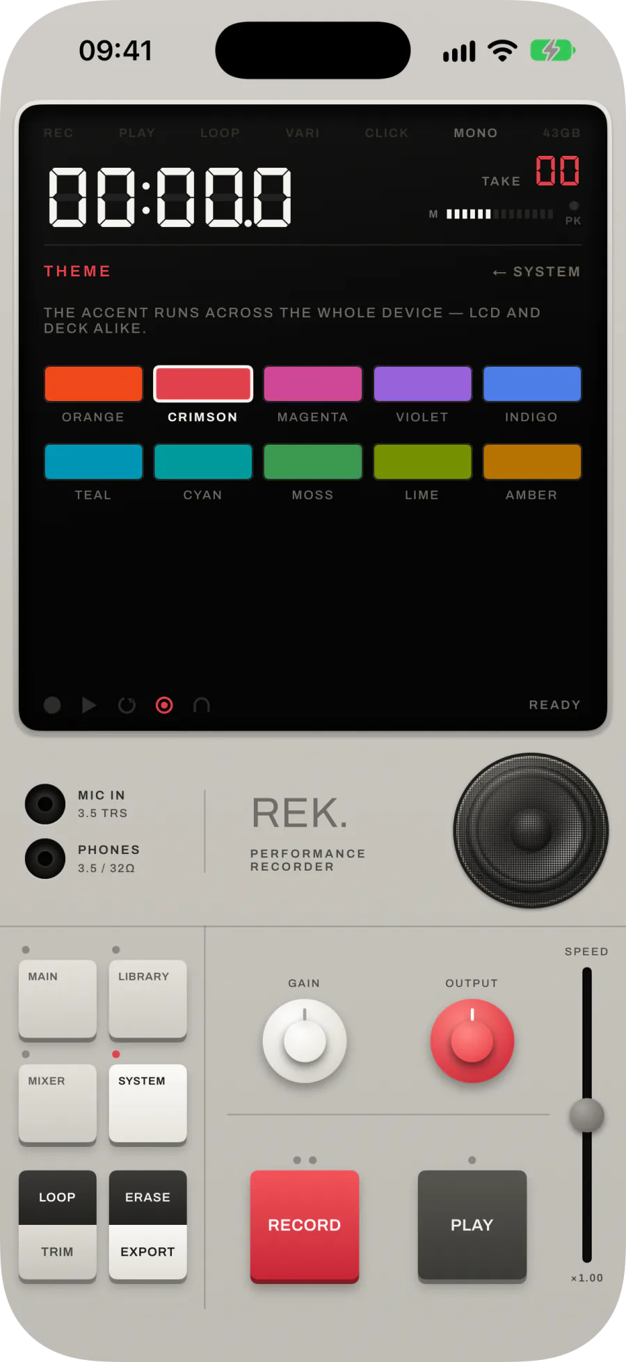 THEME: a grid of ten accent colours, CRIMSON selected
