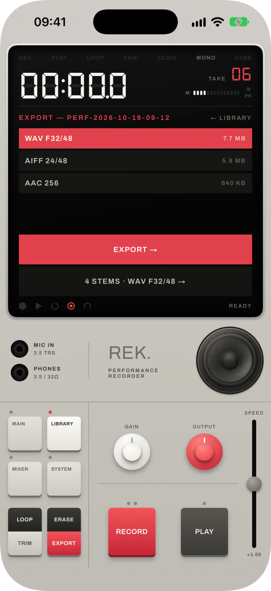 EXPORT for a four-track take: WAV F32/48, AIFF 24/48 and AAC 256 with their sizes, EXPORT, and 4 STEMS · WAV F32/48