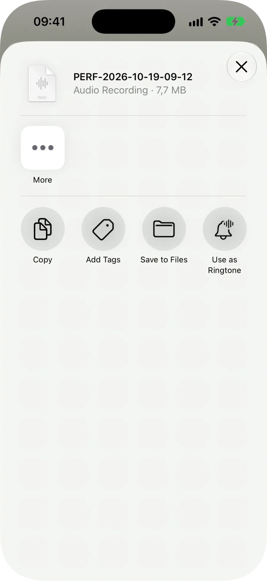 The iOS share sheet for the exported WAV