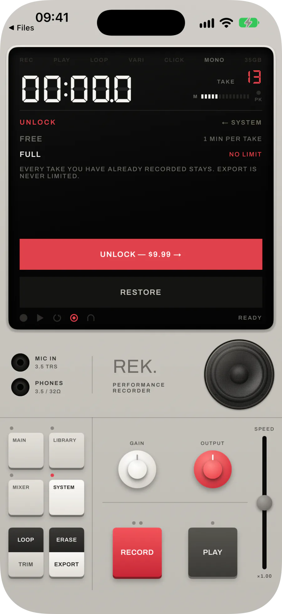 UNLOCK opened by the free limit: FREE 1 MIN PER TAKE, FULL NO LIMIT, UNLOCK — $9.99, RESTORE, and FREE LIMIT · TAKE KEPT in the footer