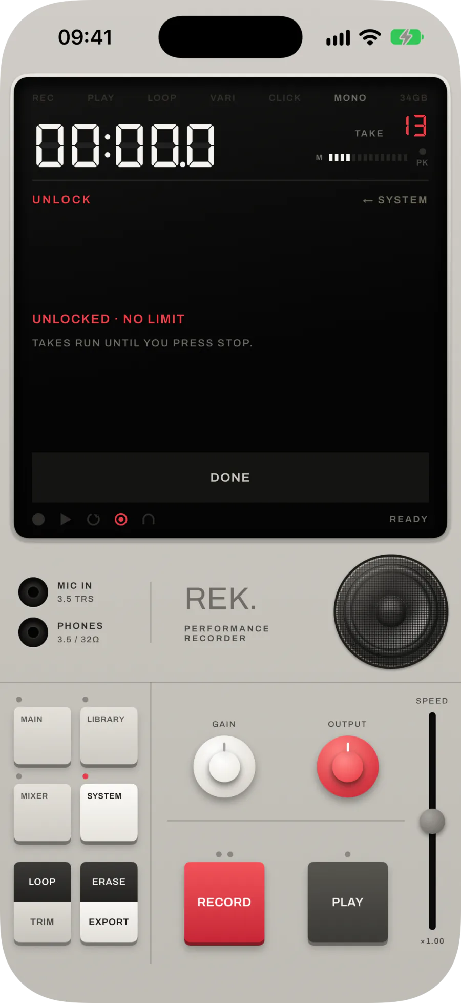 UNLOCKED · NO LIMIT: TAKES RUN UNTIL YOU PRESS STOP, and DONE
