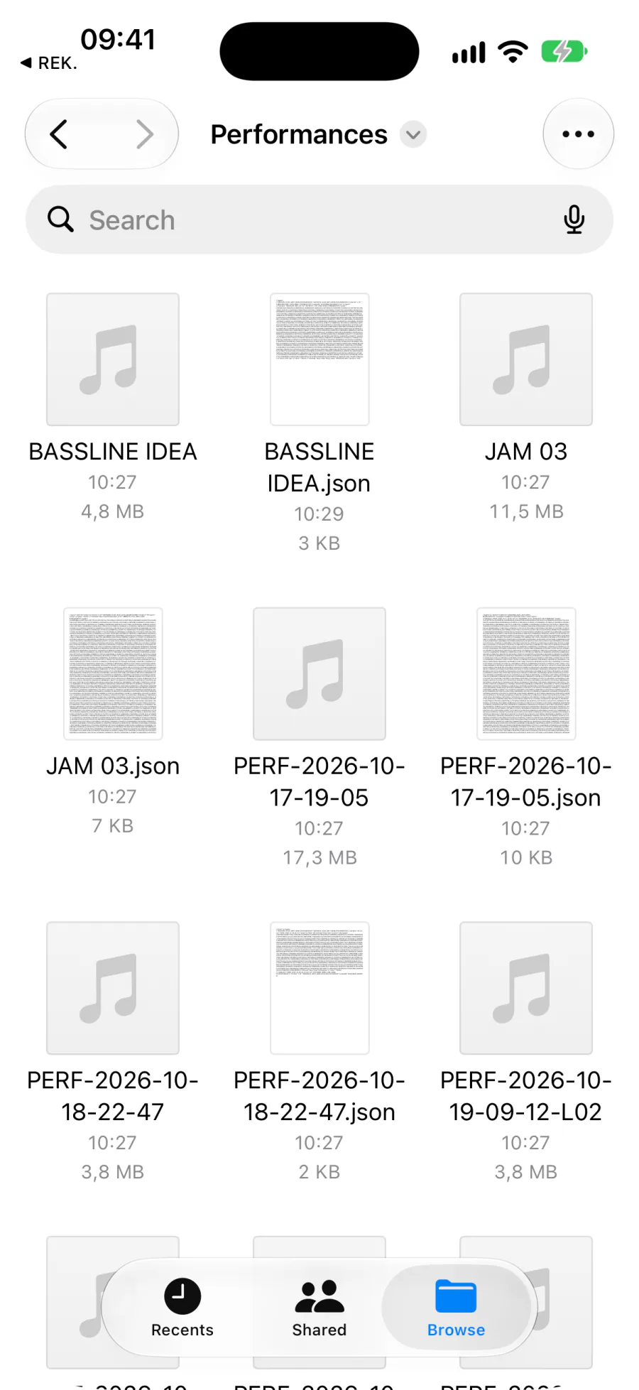 The Performances folder: each take as a CAF file with a JSON file beside it