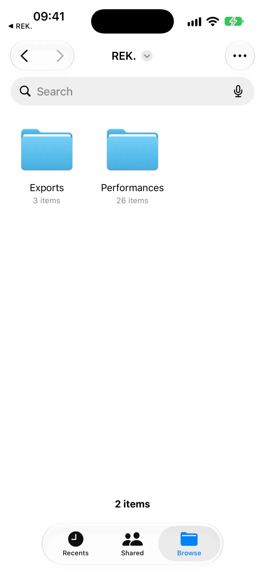 Files.app showing REK.'s folder with Exports and Performances
