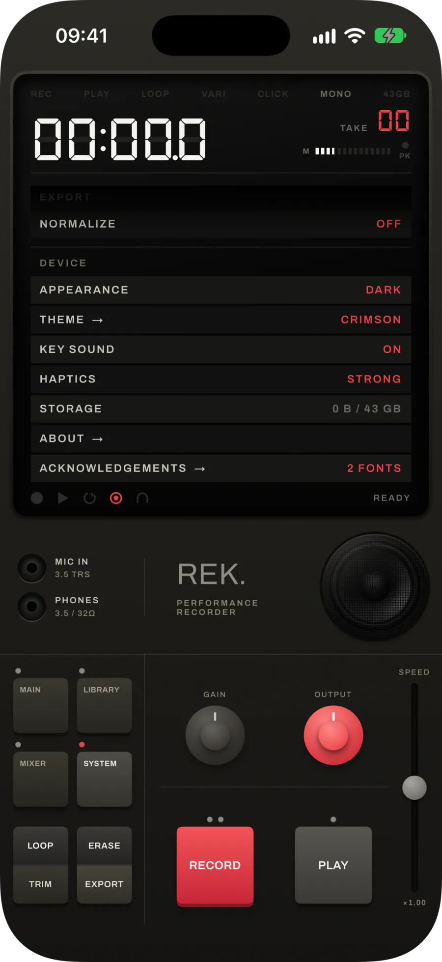 REK. with APPEARANCE set to DARK: the case and deck in black