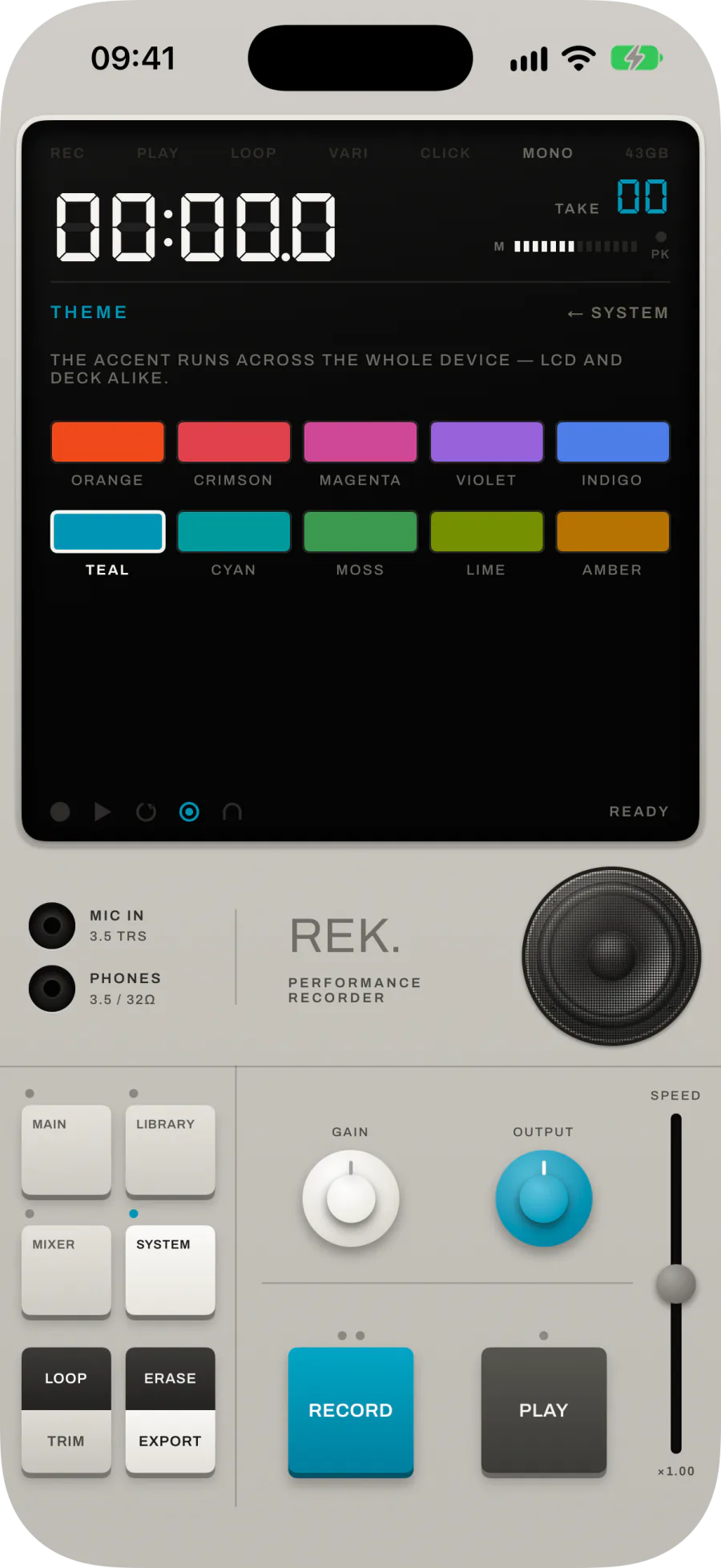 THEME set to TEAL: the RECORD key, OUTPUT knob and highlights turn teal