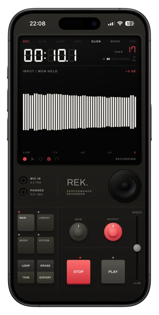 REK. recording, dark appearance with the crimson accent