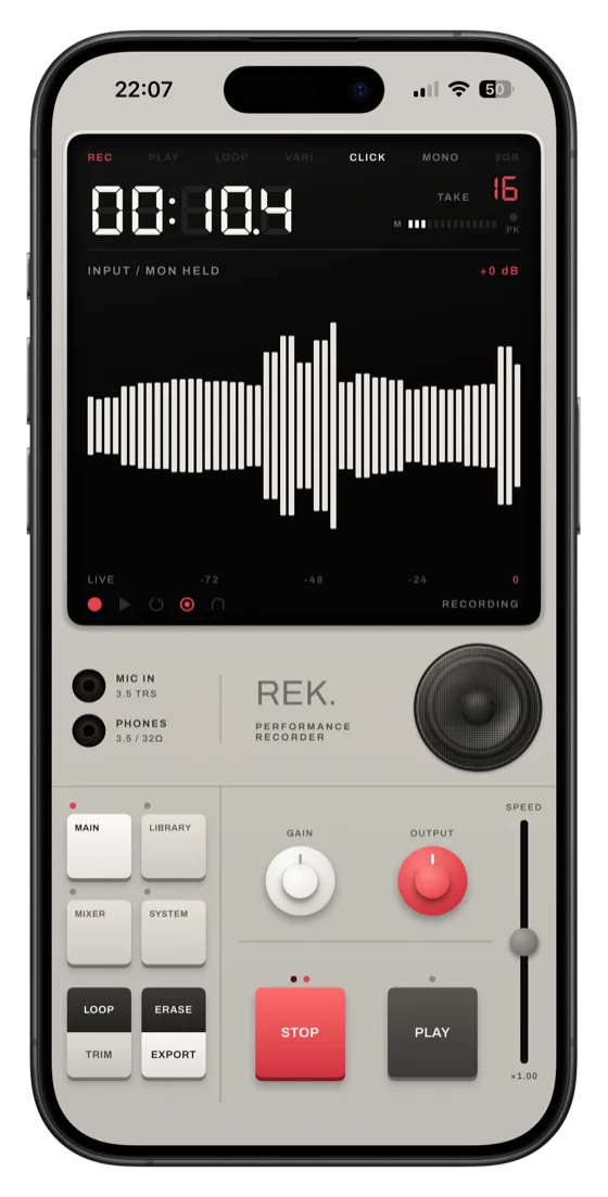 REK. recording, light appearance with the crimson accent