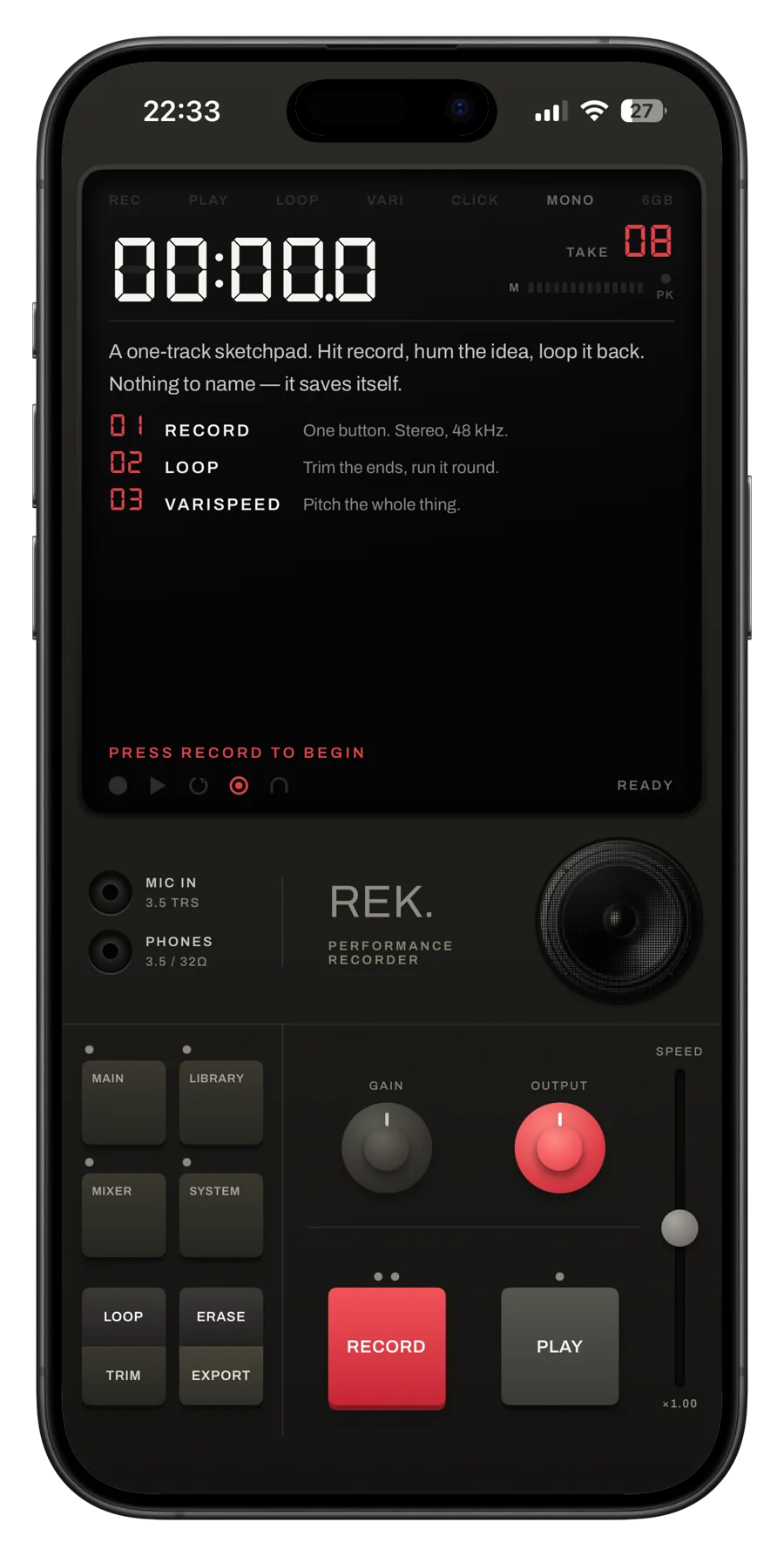 Main screen, ready to record
