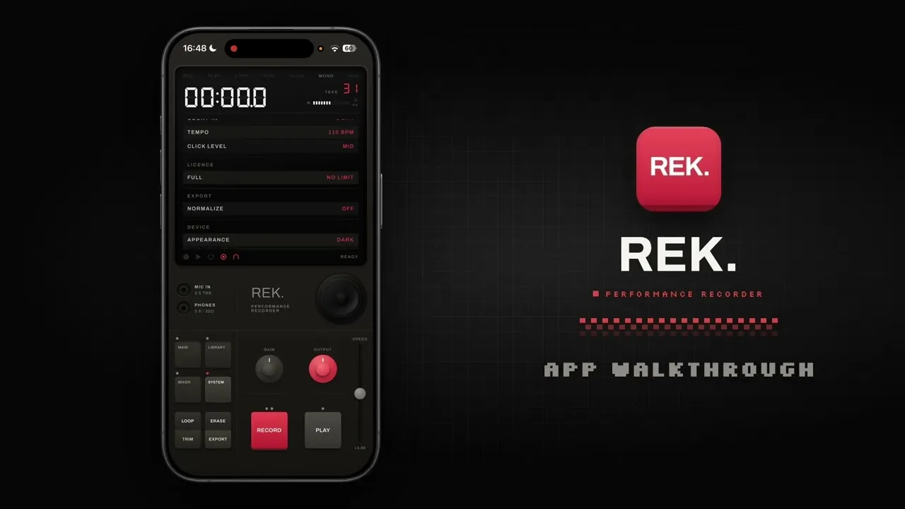 Title card of the REK. v1.1 walkthrough: the app&rsquo;s system screen on an iPhone beside the REK. logo